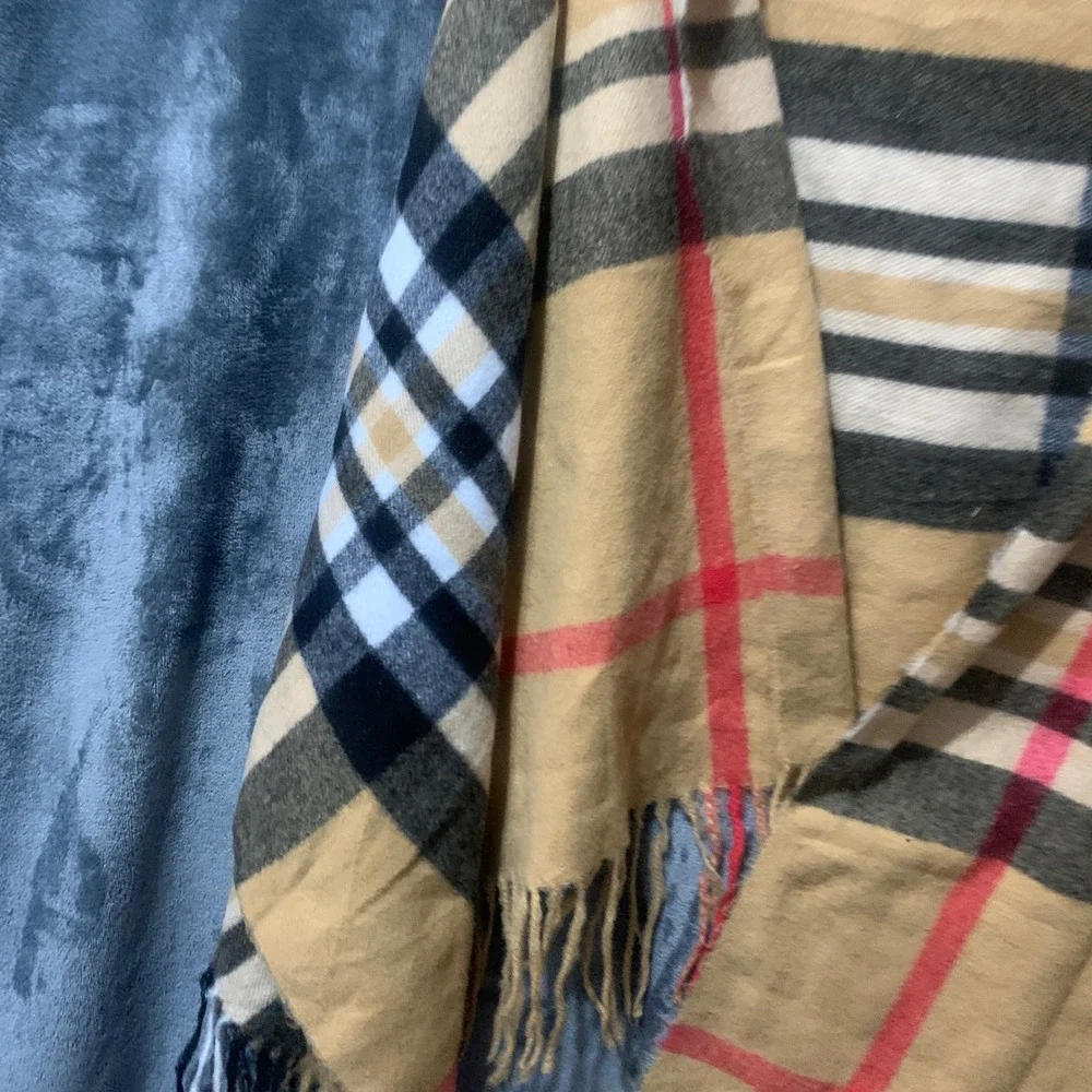 Scarf Womens OS Plaid Tan Black Red White Fringe Wrap Soft Cottage Quiet Luxury